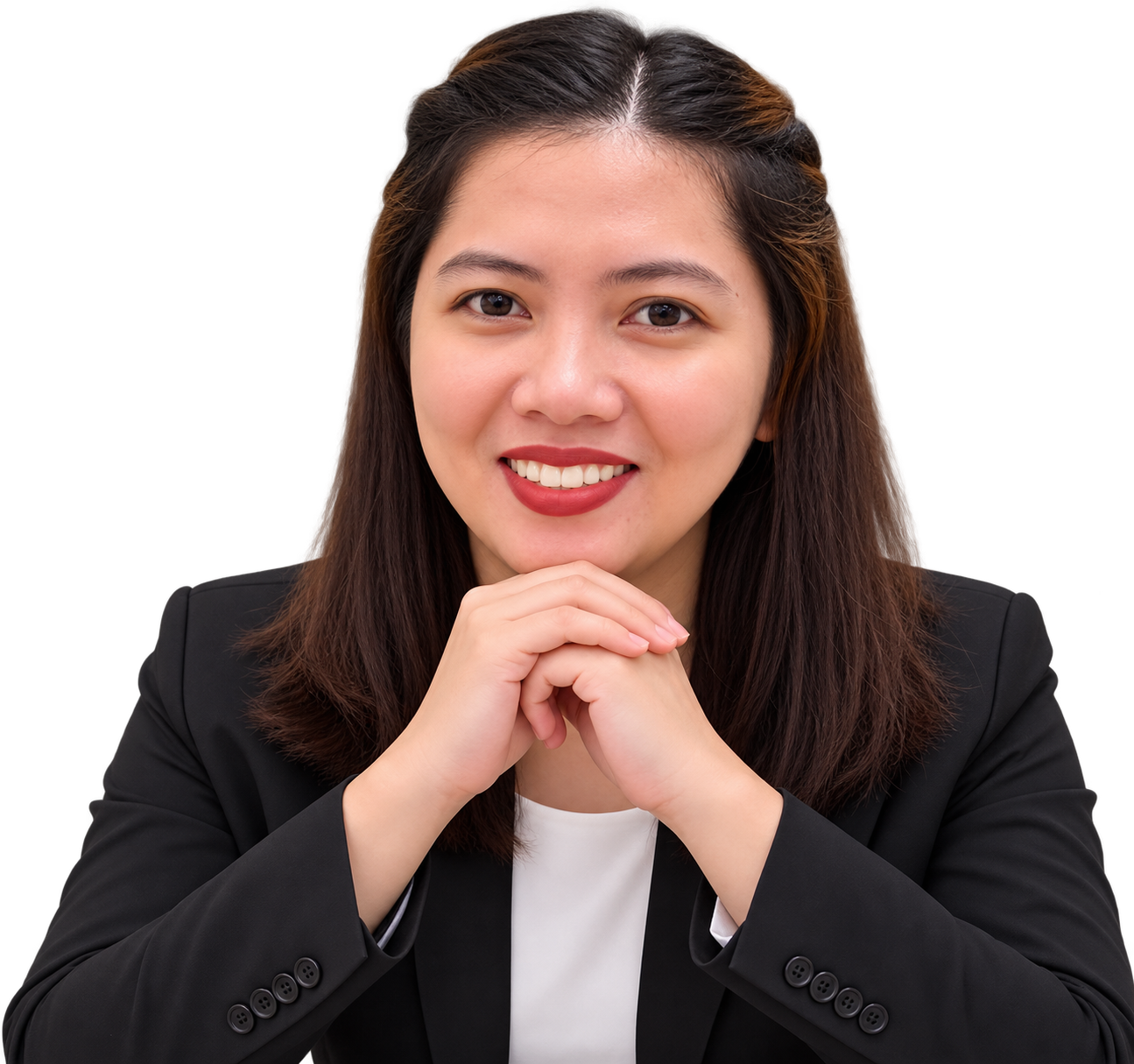 May Ann Llanes smiling, seated with her hands together